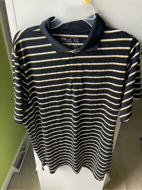 Ralph Lauren Double RL Black Polo with Cream and Gold Stripes